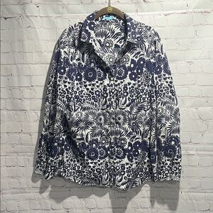 J. McLaughlin Navy and‎ White Floral Cotton Button Up Shirt Woman’s Large